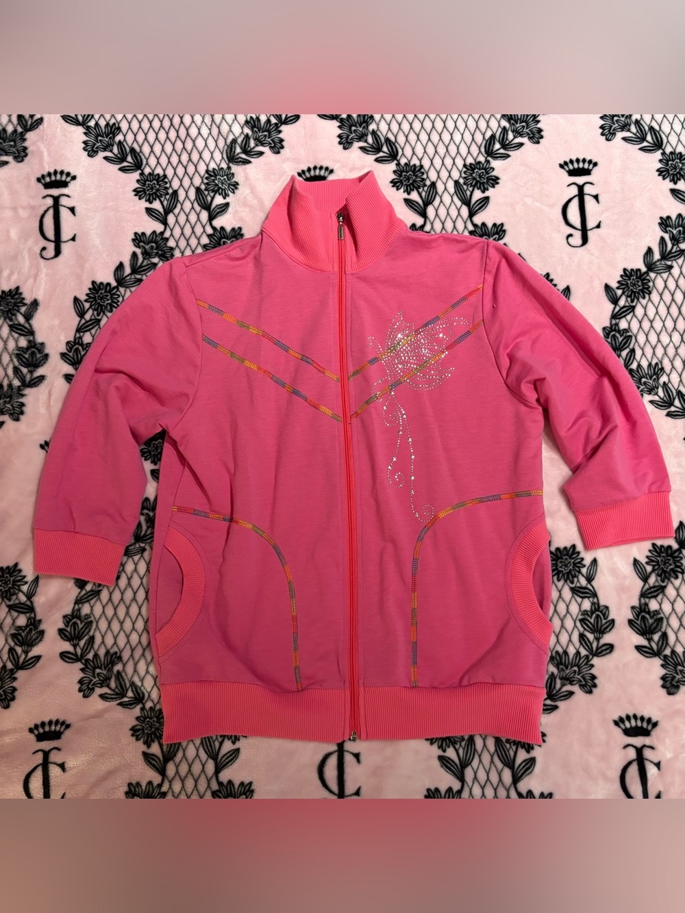 Vintage Y2K Bonsons Pink Rhinestone Butterfly Zip-Up Jacket